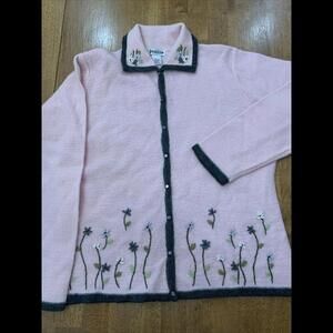 VTG Tian Womens Cardigan Sweater Sz L Pink Australian Wool Floral Cottagecore​​​